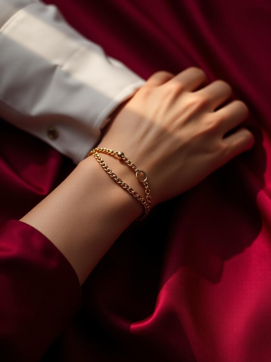 Pulseira de corrente dourada em fundo bordô
