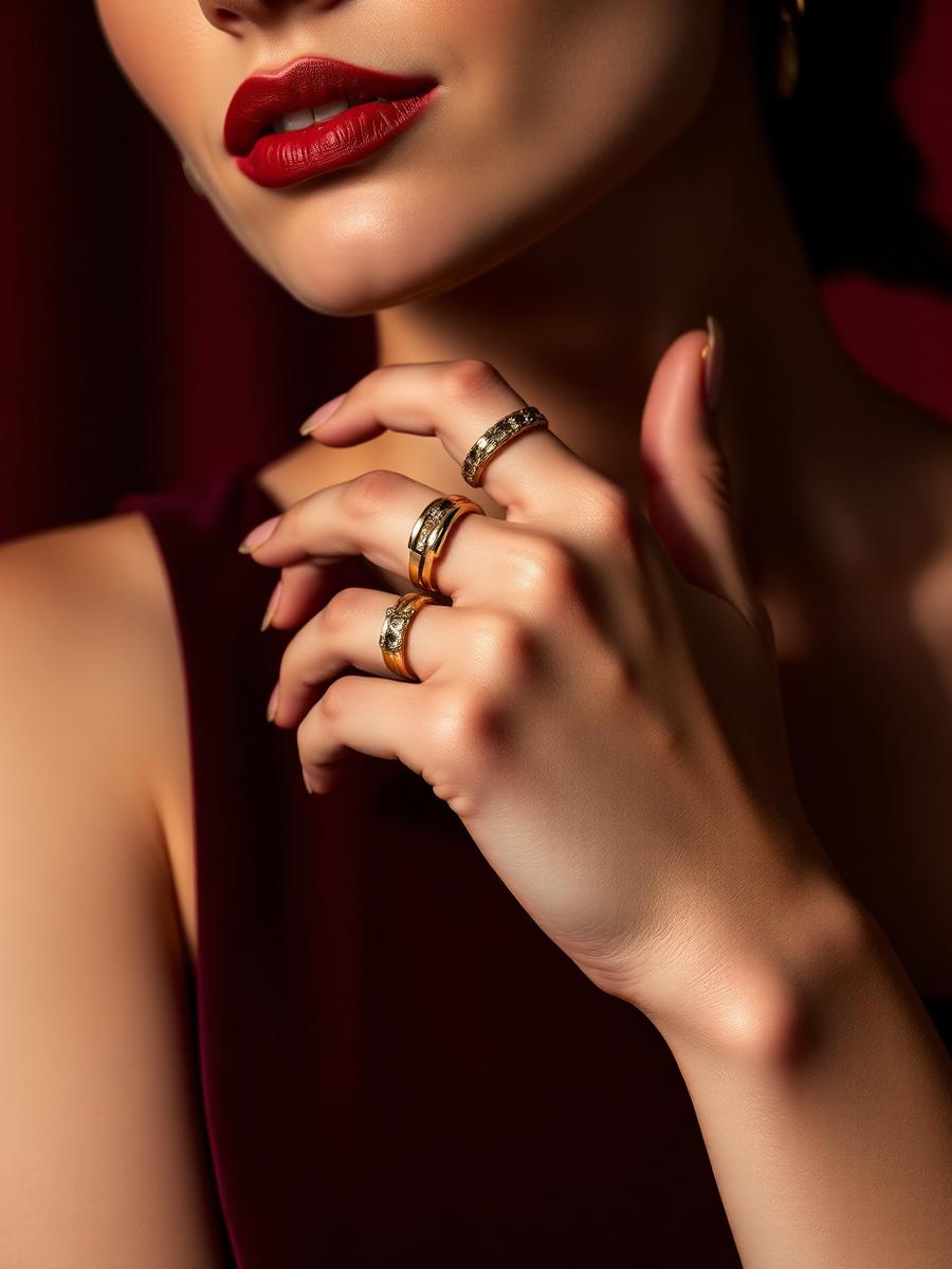 Anéis dourados sobrepostos na mão de uma mulher